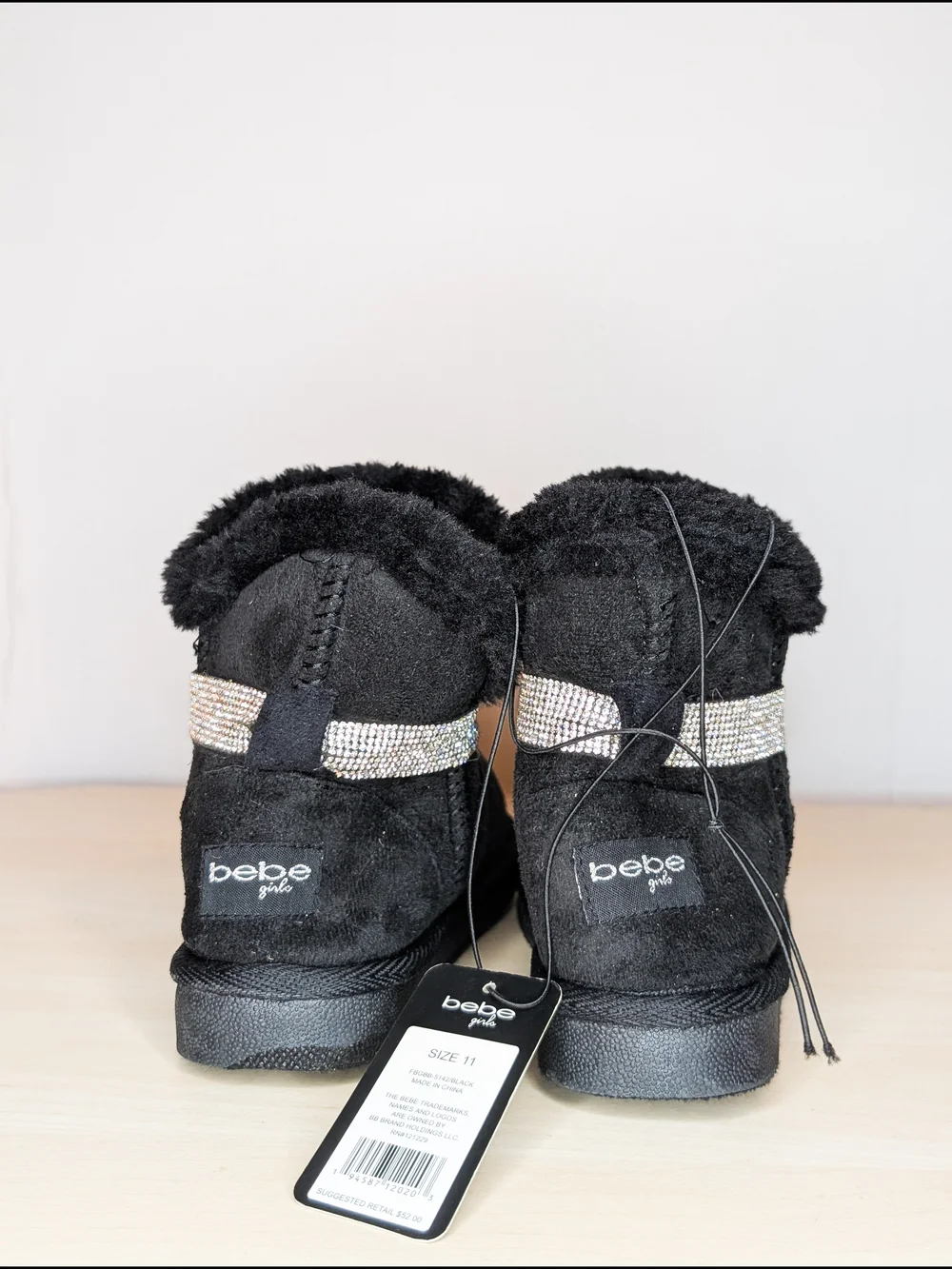 bebe Black Faux-Suede Kids Boots with Rhinestone Band
